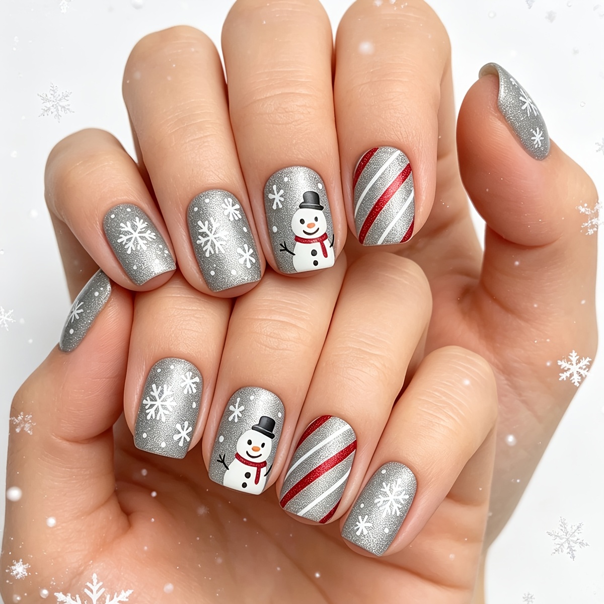 TEMU Christmas Short 24pcs Glossy Finish Snowman Pattern Fake Nails, Gray Press-on Nails, Easy To Remove And Reuse, Wearable Nails With Red Stripes,