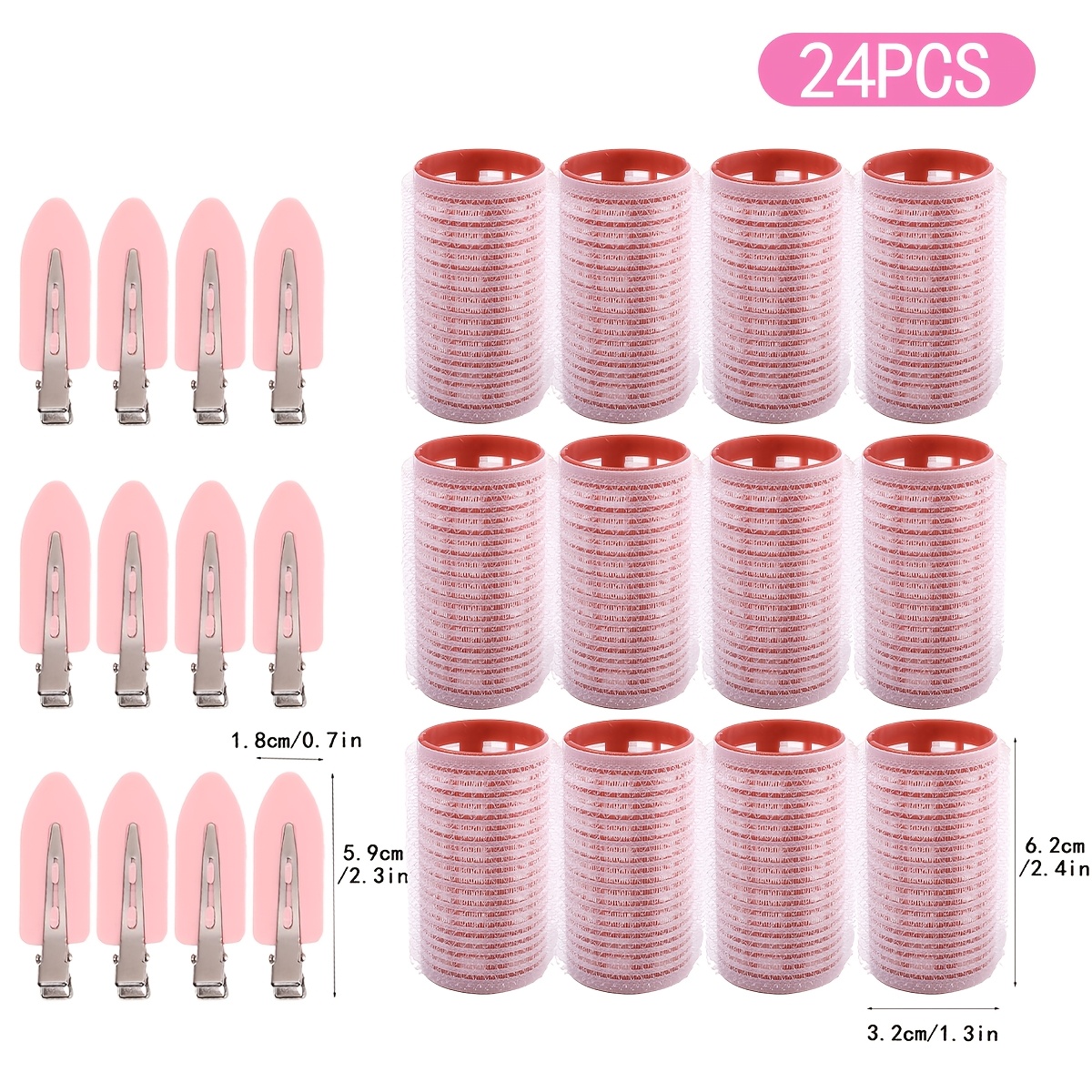 TEMU 24pcs No-heat Self-adhesive Hook And Loop Curling Rod Set, Includes 12 Large Volumizing Curling Rods And 12 Pink Duckbill Leaf Hair Clips, No
