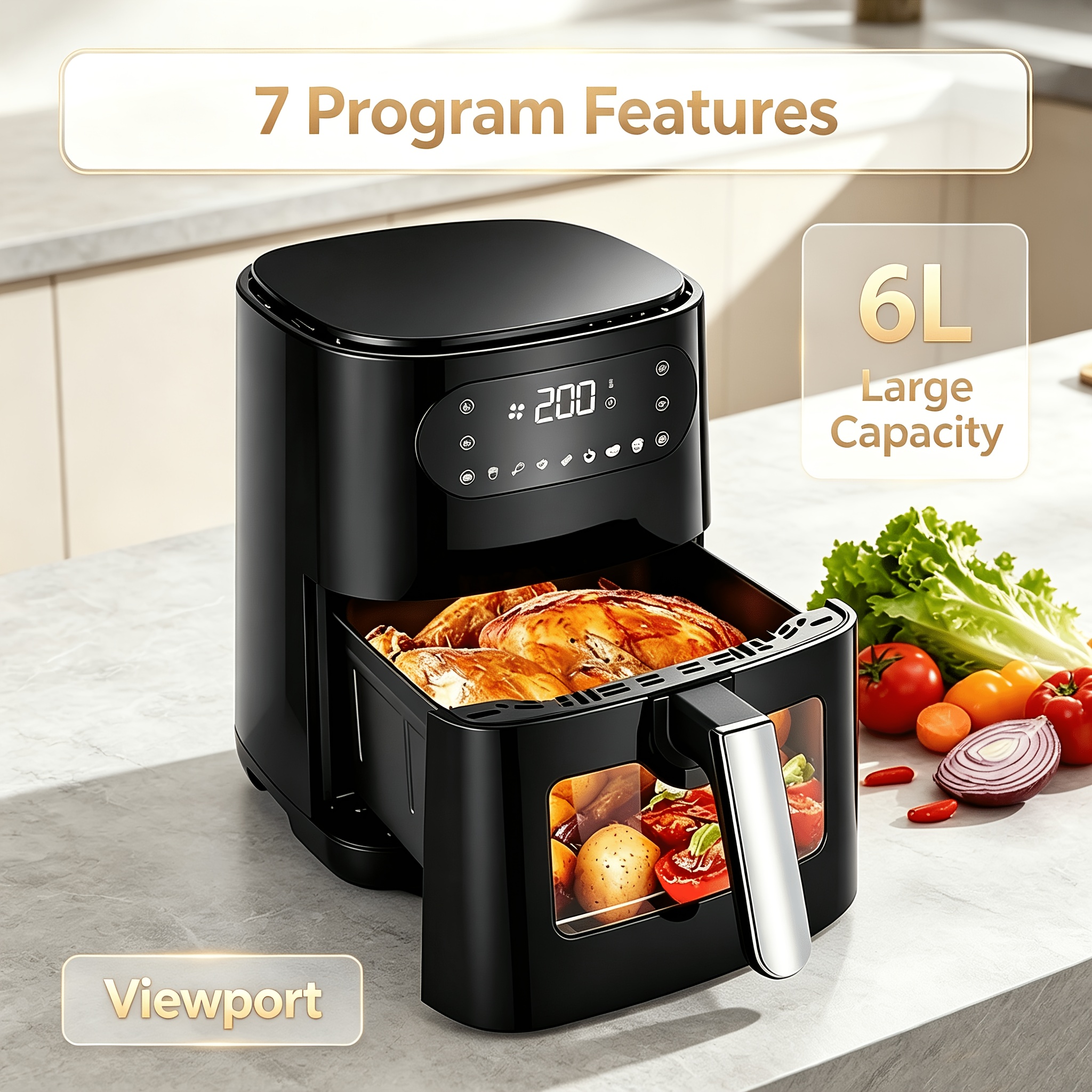 Window Air Fryer 6 , Portable And Energy-, 7 Cooking Programs, , Adjustable Temperature Range From 50 °c To 200 °c, 1500 Watts Power, Air Fryer.