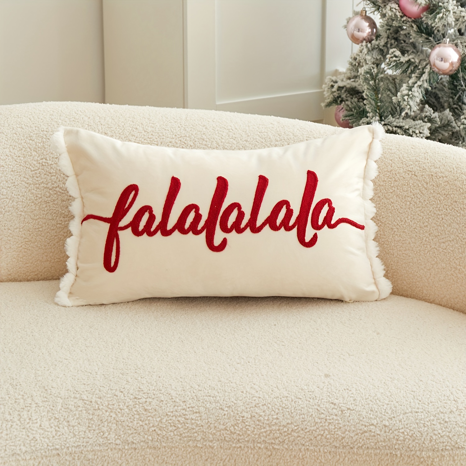 1pc Christmas Letter Falalala Embroidered Pillowcase, Suitable For Indoor Decoration, Christmas Decoration Pillowcase, Without Core