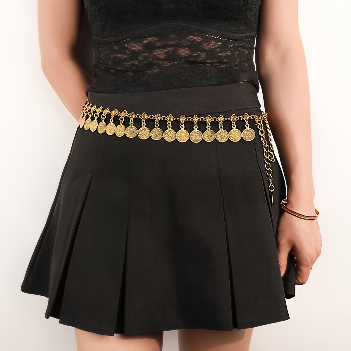 TEMU Y2k Bohemian Style Coin Tassel Belt, Fashionable Design Accessory For Skirts, Vintage Niche Versatile Thin Decorative Belt