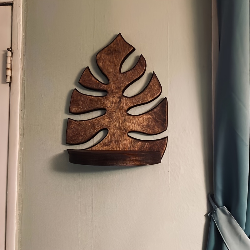 Image of Rustic Wood Leaf Shelf With Small Ledge - Wall Storage For Keys, Mail, & Small Plants - Durable Father's Day Gift Idea - Industrial Farmhouse Decor For Entryway Or Laundry Room