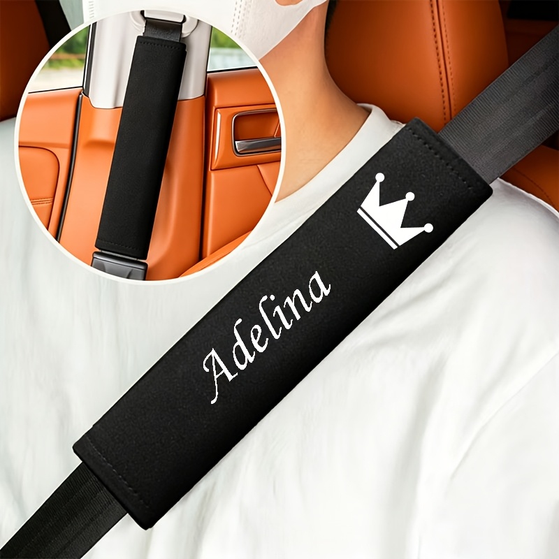 TEMU Diy Custom Embroidery Name Crown Car Seat Belt Shoulder Pad Thickened Plush Car Safety Belt Protector Pad Universal Car Interior Modification