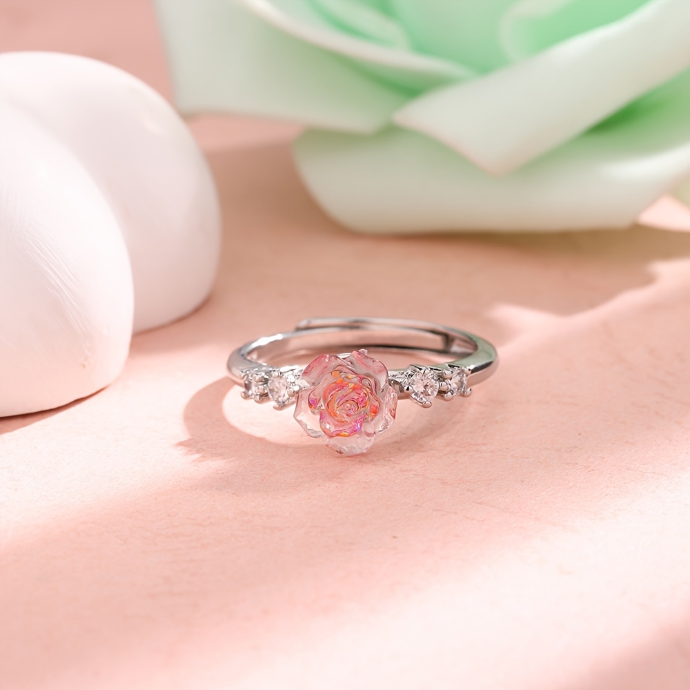Image of 1pc Women's Adjustable Pink - Flower Petal, Birthstone Gift, Valentine's Day Present, Everyday Wedding & Anniversary (no Plating) For & Ladies, Wearable For
