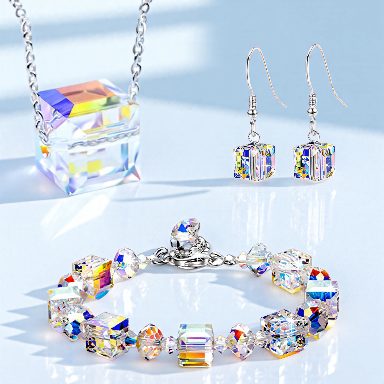 E-shop 1 Paar Ohrringe + 1 Armband + 1 Halskette, stilvolles und minimalistisches Gradient-Glas-Schmuckset für den täglichen Einsatz von Männern