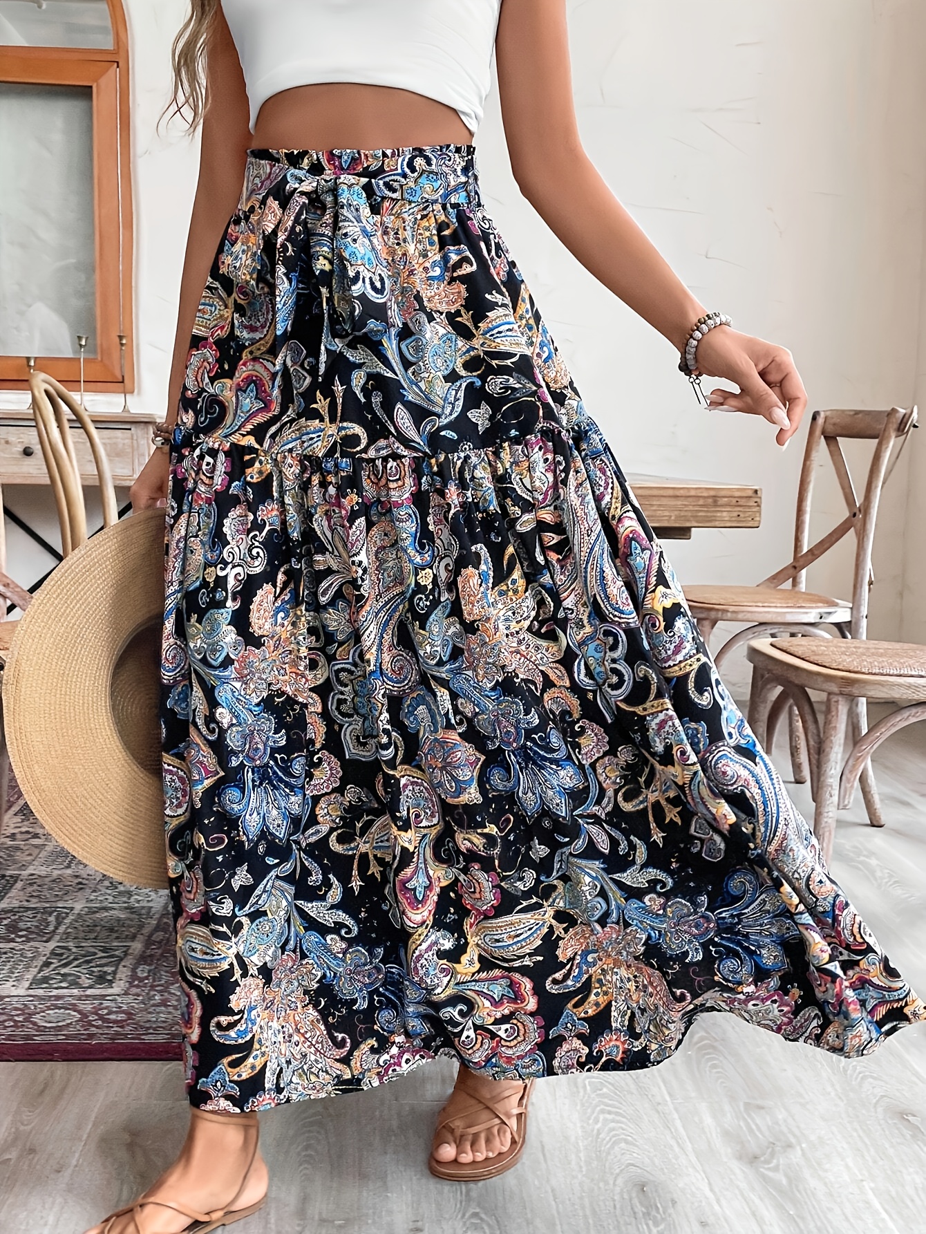 Women S Bohemian Floral Print Maxi Skirt - High-Waisted, Flowy A-Line Skirt with  , Orange &  ,   Spring/Summer/Fall, Casual to Formal Wear, Casual Attire | Bohemian Style | Polyester Fabric
