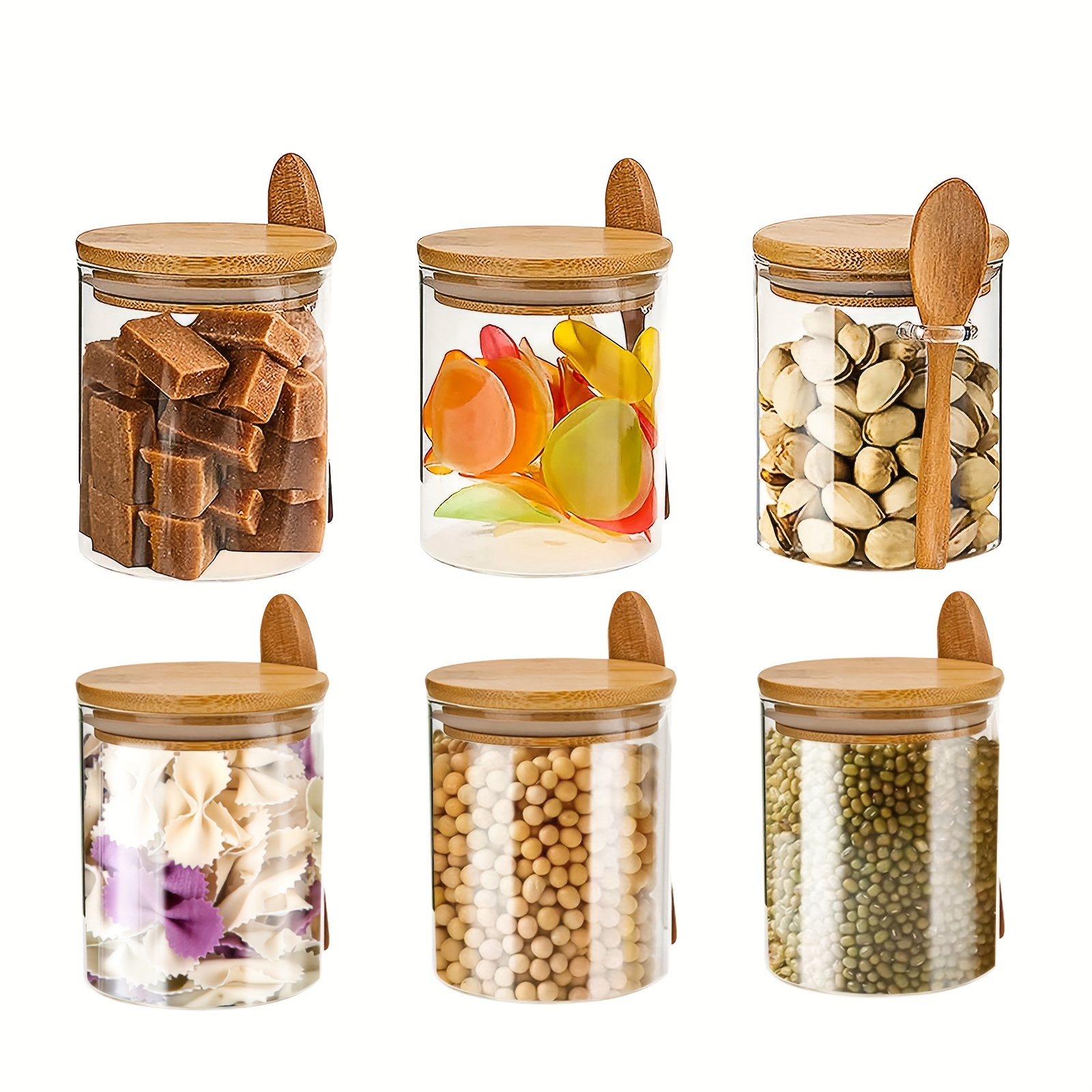 

4/6/8 Pack Glass Jars With Bamboo Lids, Containers Airtight Lid And Spoons, 100% Sealed Spice For Beans Sugar Nuts Cookies