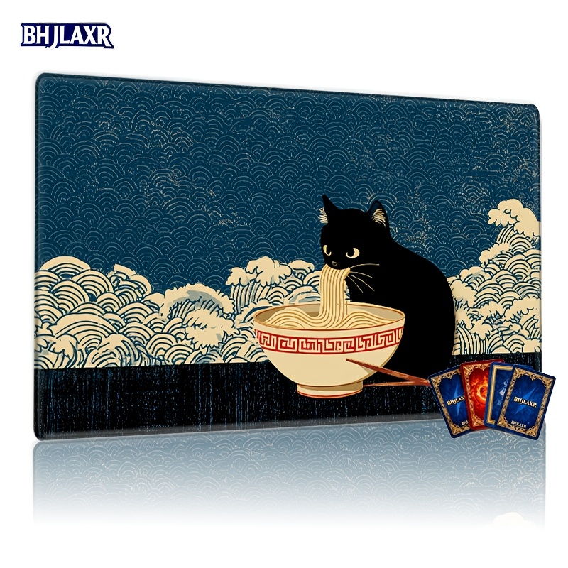 TEMU - E Cat & Ramen Tcg Playmat - 24x14 Inch Japanese Game Mat, Wave Pattern Art, Quirky Oriental Aesthetics, Perfect Gift For & Rpg Enthusiasts