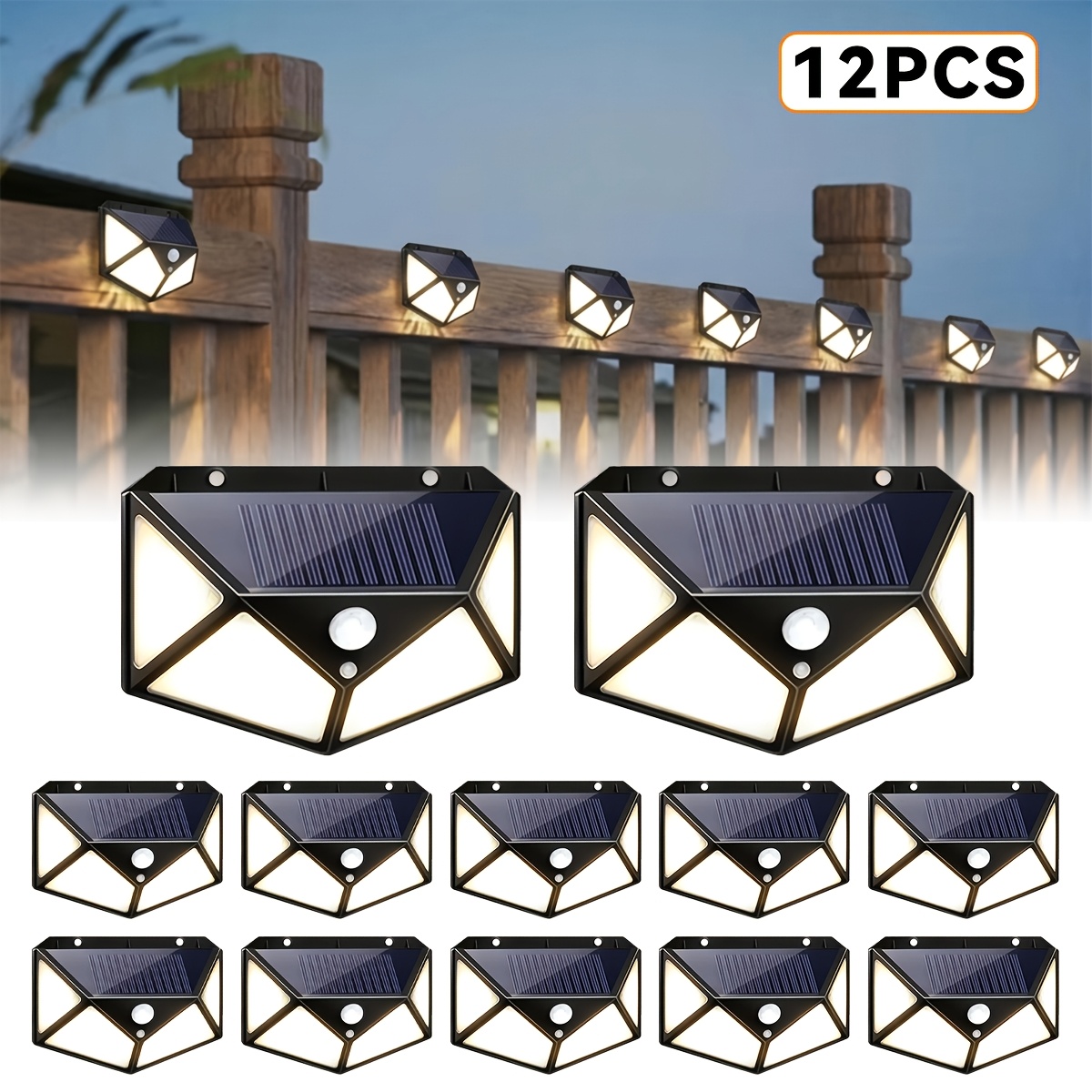 TEMU Lampes Murales Solaires d'Extérieur 90LED, Détecteur de Mouvement PIR, 3 d'Éclairage, 3000Lm, Lampe de Sécurité Solaire, Batterie 1500Mah,