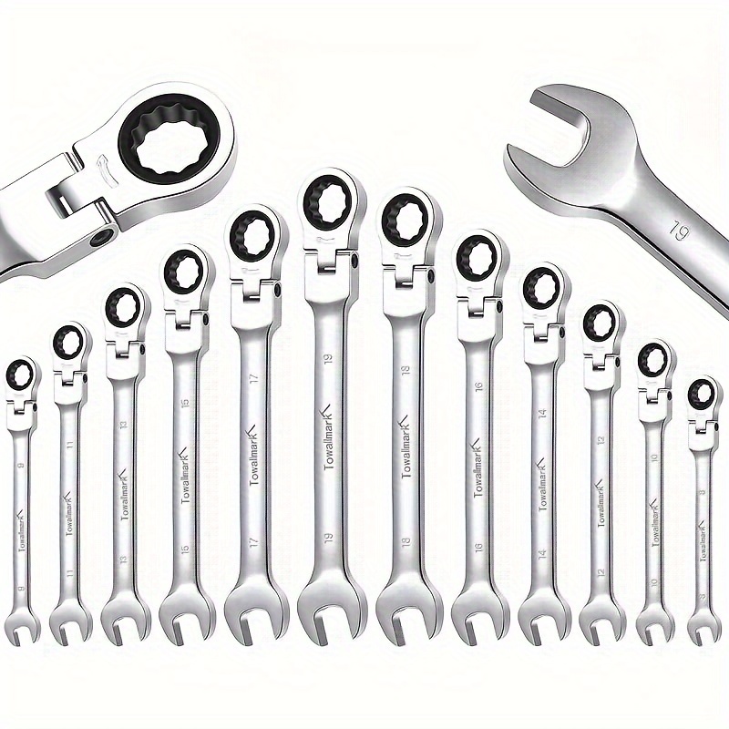 

12-piece 8-19mm Metric Flex-head Ratcheting Wrench Set, Professional Chrome Vanadium Steel Ratchet Wrench, Combination Ended Span Kit With Portable Suspended Bag