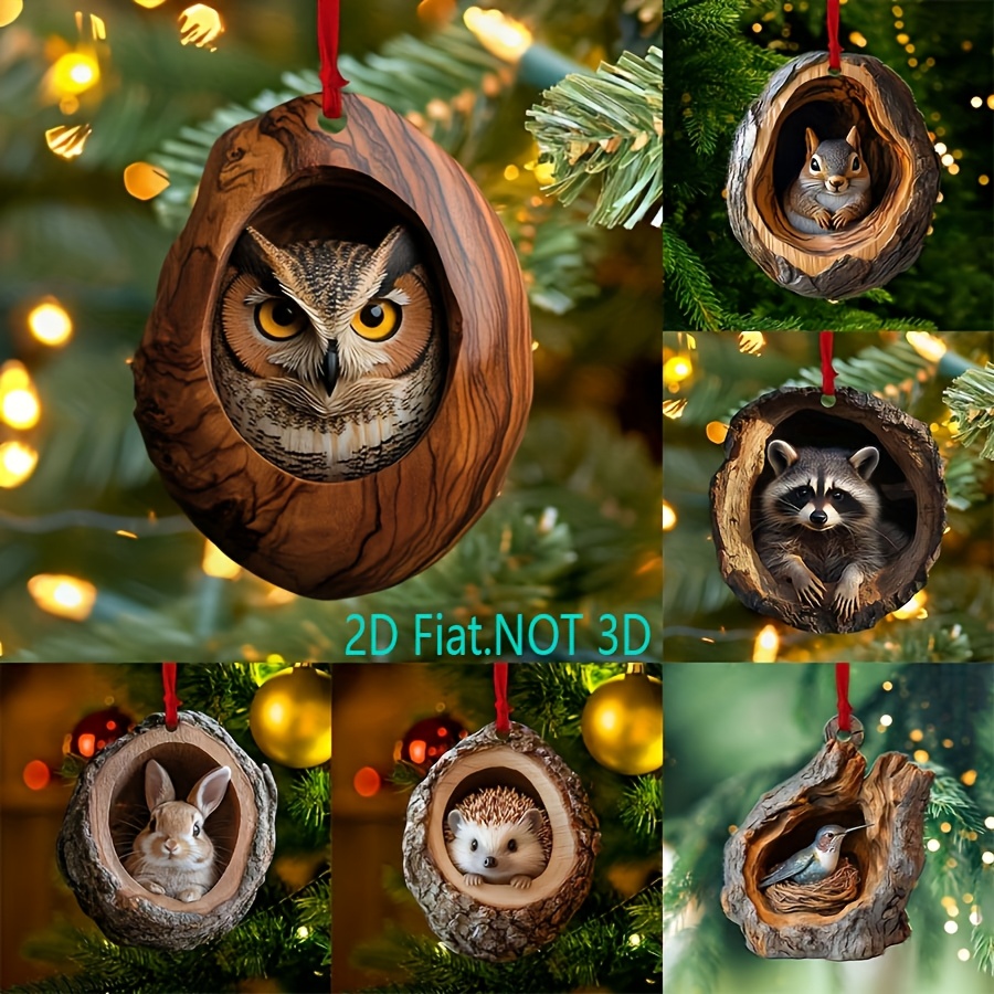 

6pcs Acrylic And Owl Christmas Tree Ornaments-2d Animal Pattern Holiday Decoration, Suitable For Thanksgiving And New Year | For Living Room, Bedroom And Garden