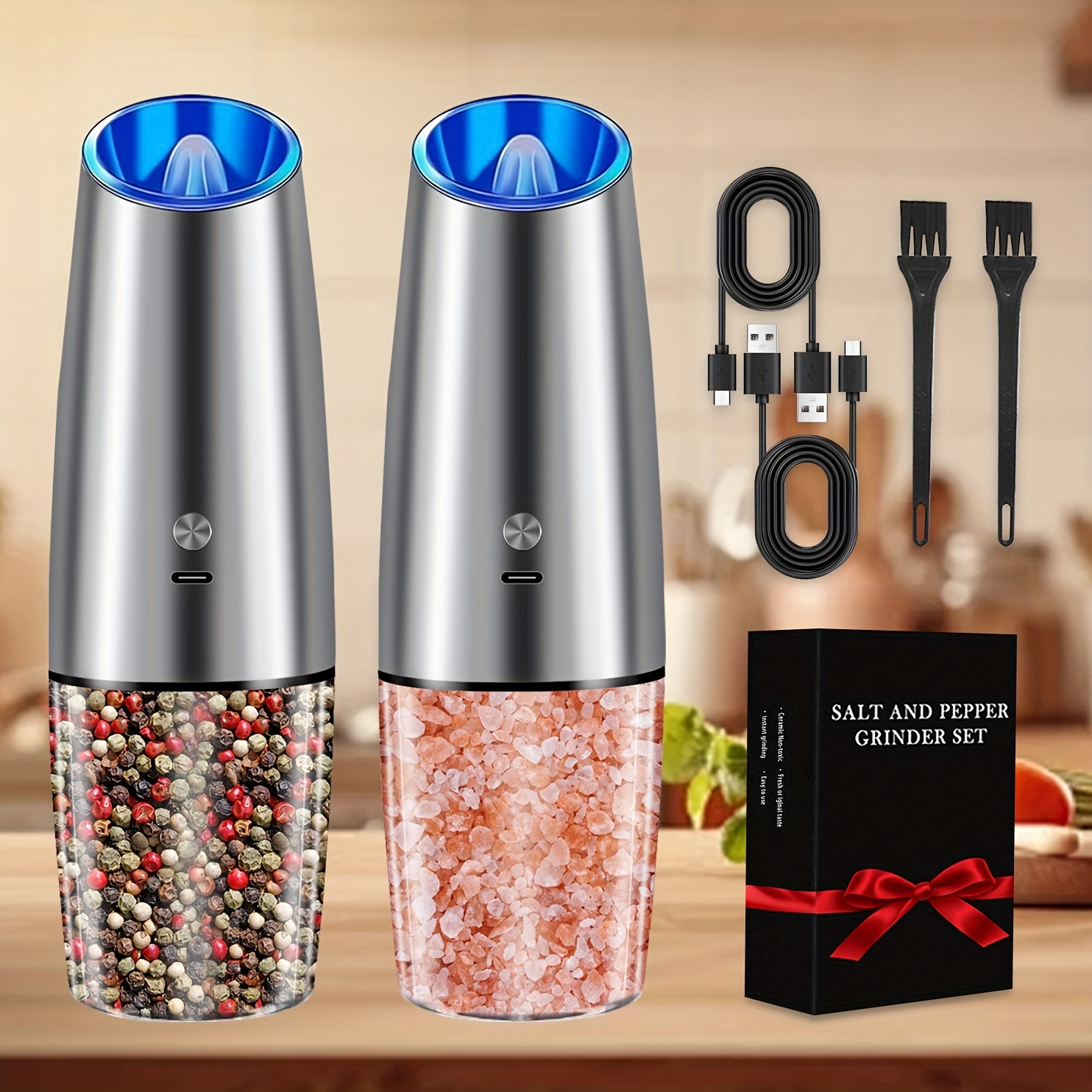 

Usb Rechargeable Salt And Pepper Grinder Set, Electric Salt And Pepper Mill & Adjustable Coarseness, Automatic Salt Grinders Spice Shakers With Led Light,