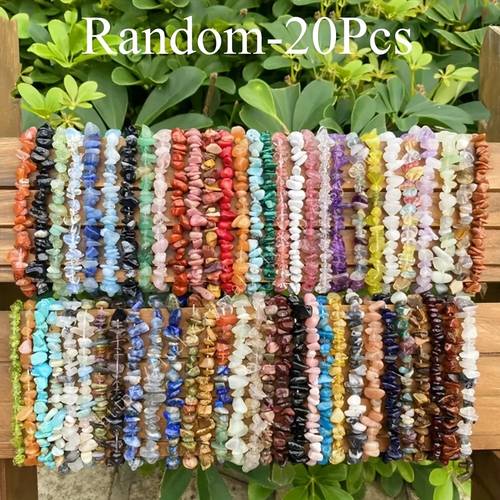 20pcs Random Irregular Stone Crushed Stone Handmade Bracelet Set, Featuring Tiger Eye Stone, Amethyst, Elongated Stone, Turquoise, And Rose Quartz For Vacation Travel Friendship Bracelets