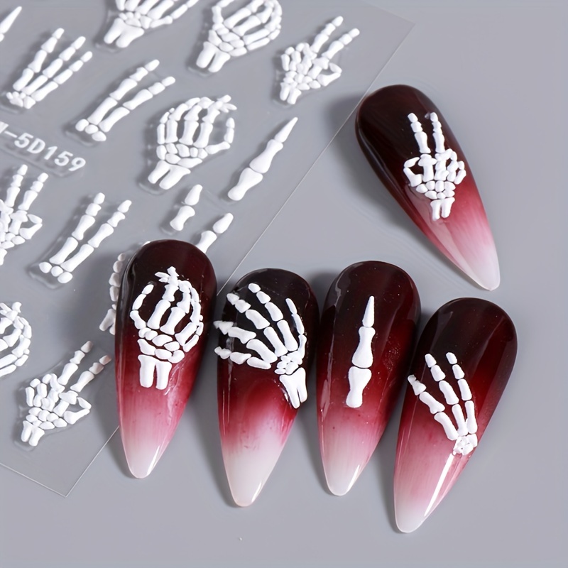 halloween 5d embossed skull hand nail art stickers self adhesive sparkle finish diy manicure decals for festive nail designs nail stickers for nail art nail decorations details 7