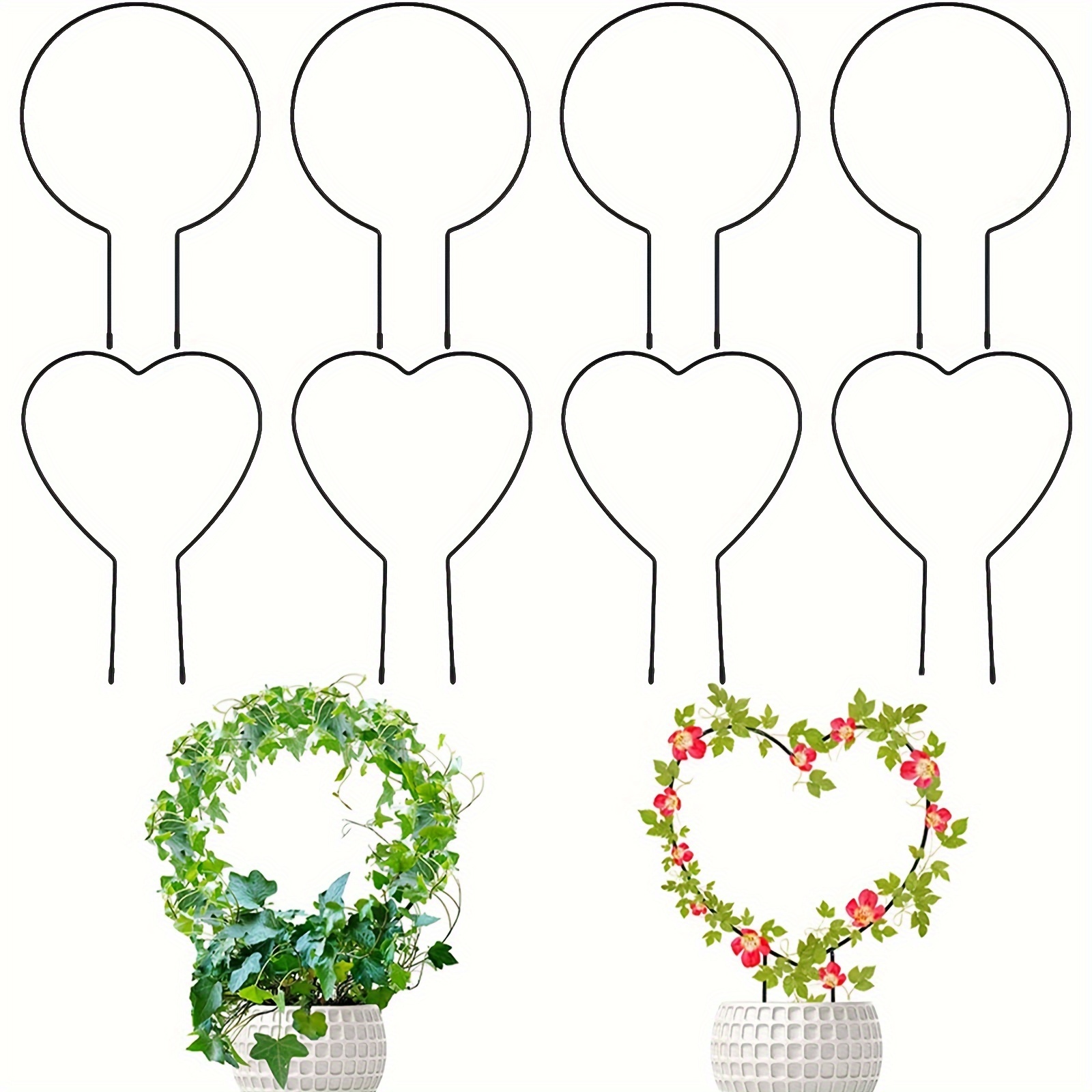 

8pcs Iron Garden Trellises For Climbing Plants - Round & Heart Shaped, Ideal For , , | Metal Plant Support