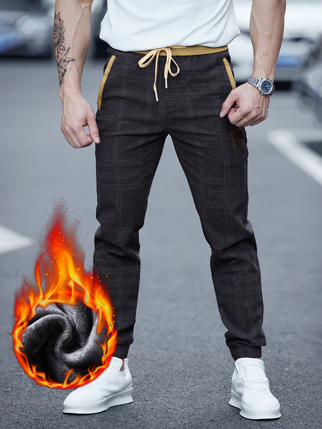 Drawstring Slant Pocket Sports Warm Pants, Solid Color Fleece