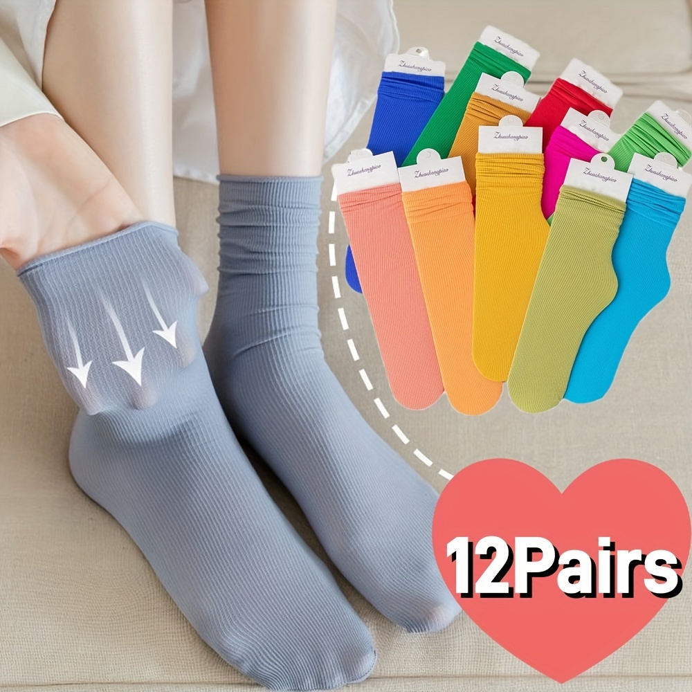 

12 Pairs Of Women's Macaron Color Socks, Women's Thin Socks Breathable Ice Stockings Style, Summer And Spring Fashion Casual Socks