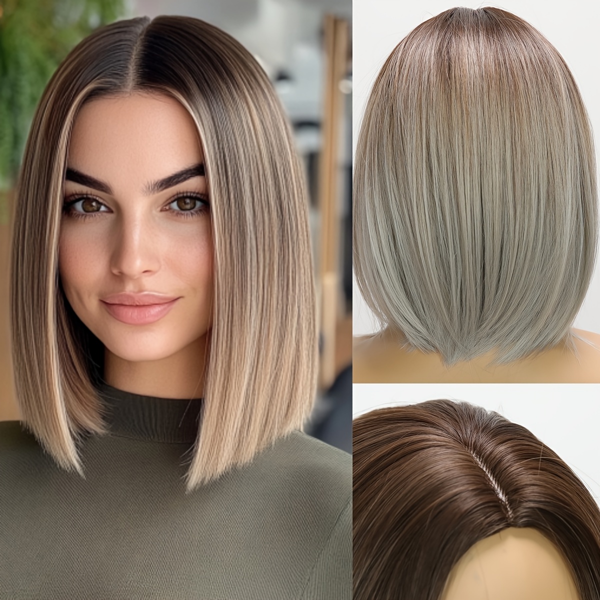 TEMU Short Natural Straight, With Dark Root, Synthetic Fiber Wig,, Very Natural, Look,, .,, Celebrations, Ceremonies,, 14inches