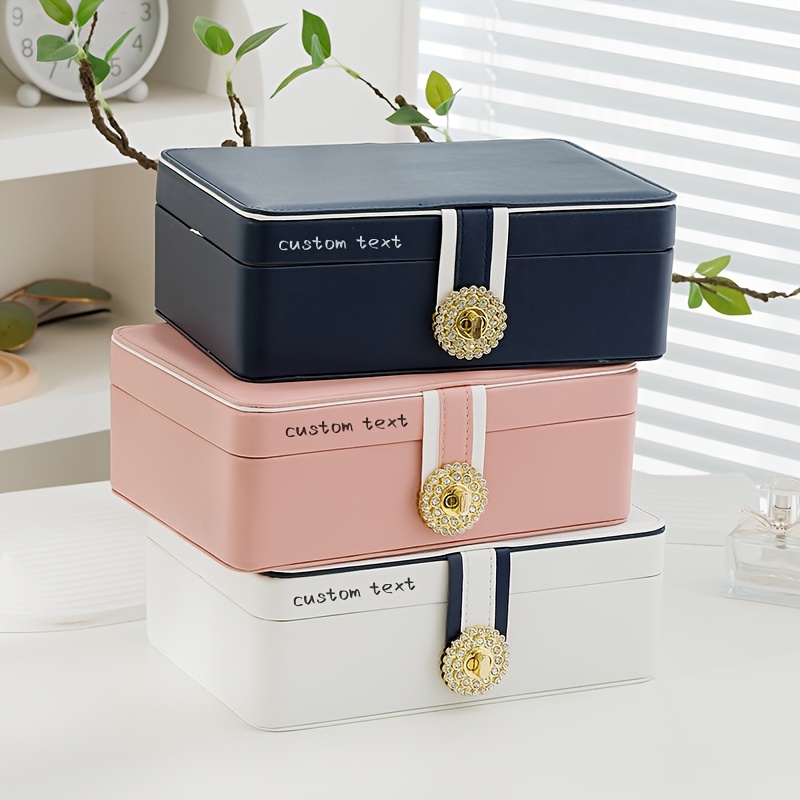 customizable text double layer pu leather jewelry box large capacity earring ring organizer with decorative golden floral emblem elegant white   storage case for valentines day gifts Product details 0