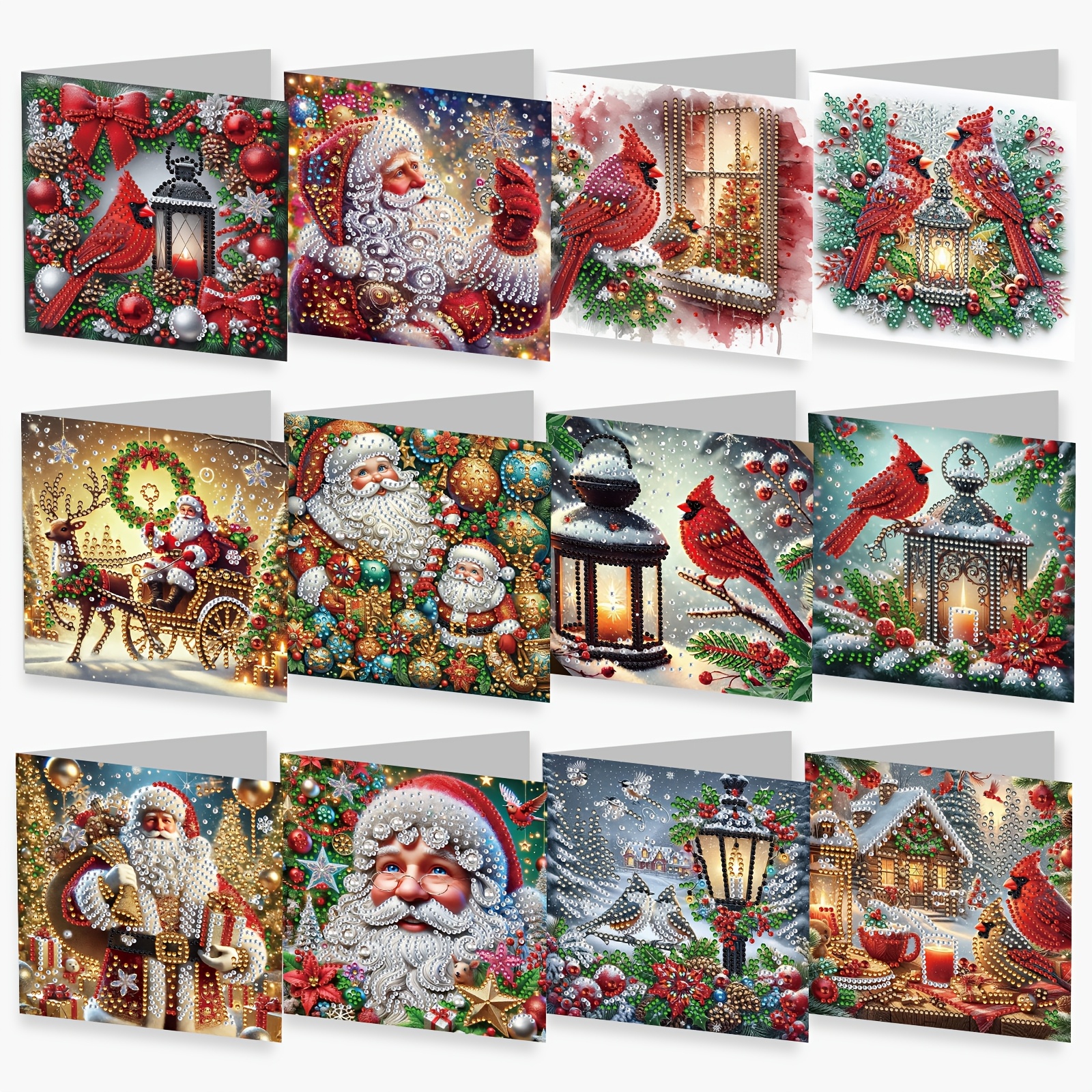 Set 12 za diamantno slikanje - Nova božična tema Božička, rdeče ptice, osvetlitev, snegulja vas, serija kristalnih diamantnih nakita, vgravirane