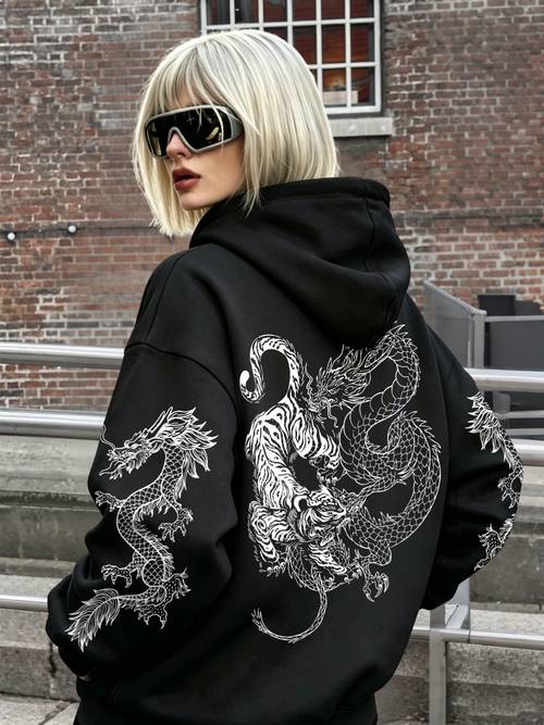 And Tiger Hooded Sweater! Chinese Trendy Dragon Pattern Print, Oversize Loose Fit for Men And Women, Style Top, Versatile for Autumn And Winter, Great with Jeans And Skateboard Pants
