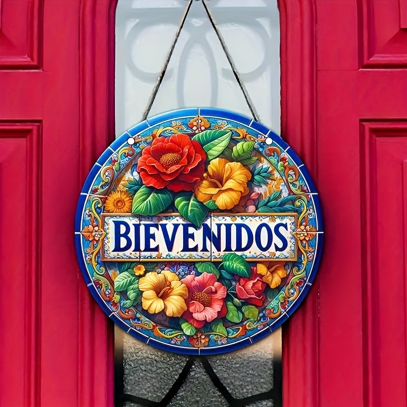 

bienvenidos" Welcome Sign: Vibrant Floral Ceramic Tile Hanging Decor, Suitable For Front Door Or Wall, Made Of Wooden Board