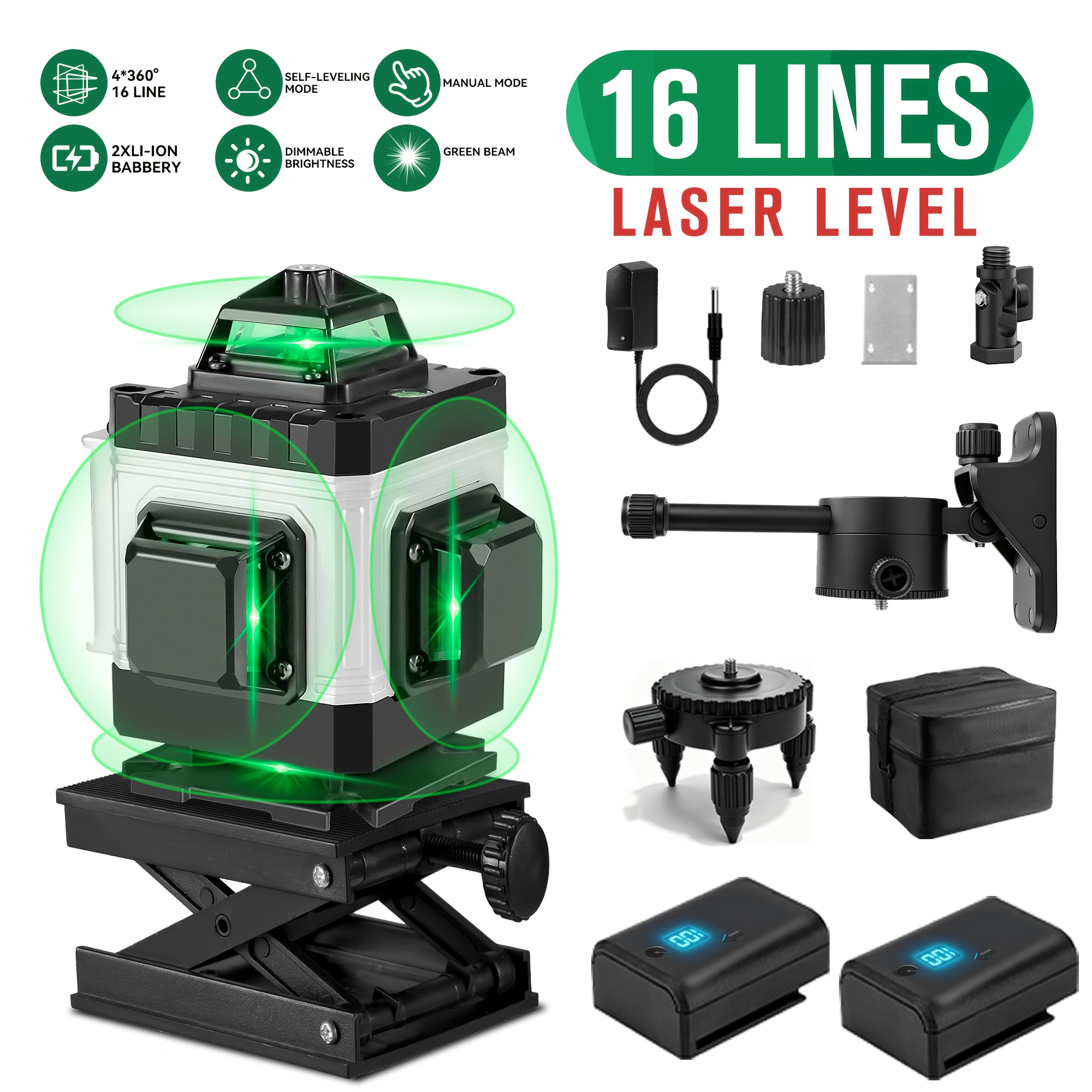 16 Line Laser Level, 4d Measuring Tool, With 2 Rechargeable Lithium Batteries, Optional Leveling Tool Omnidirectional Ground Wall Sticker Home Decoration Tool Set