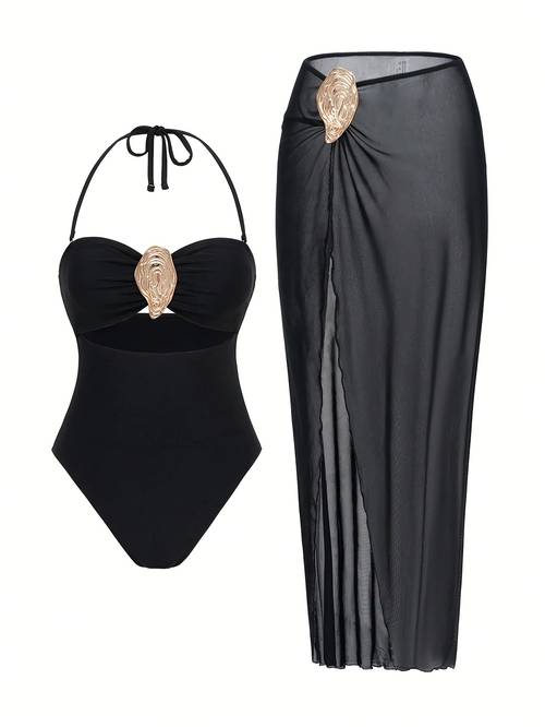 music festival elegant metal decor hollow out halter neck swimsuit with sheer mesh skirt