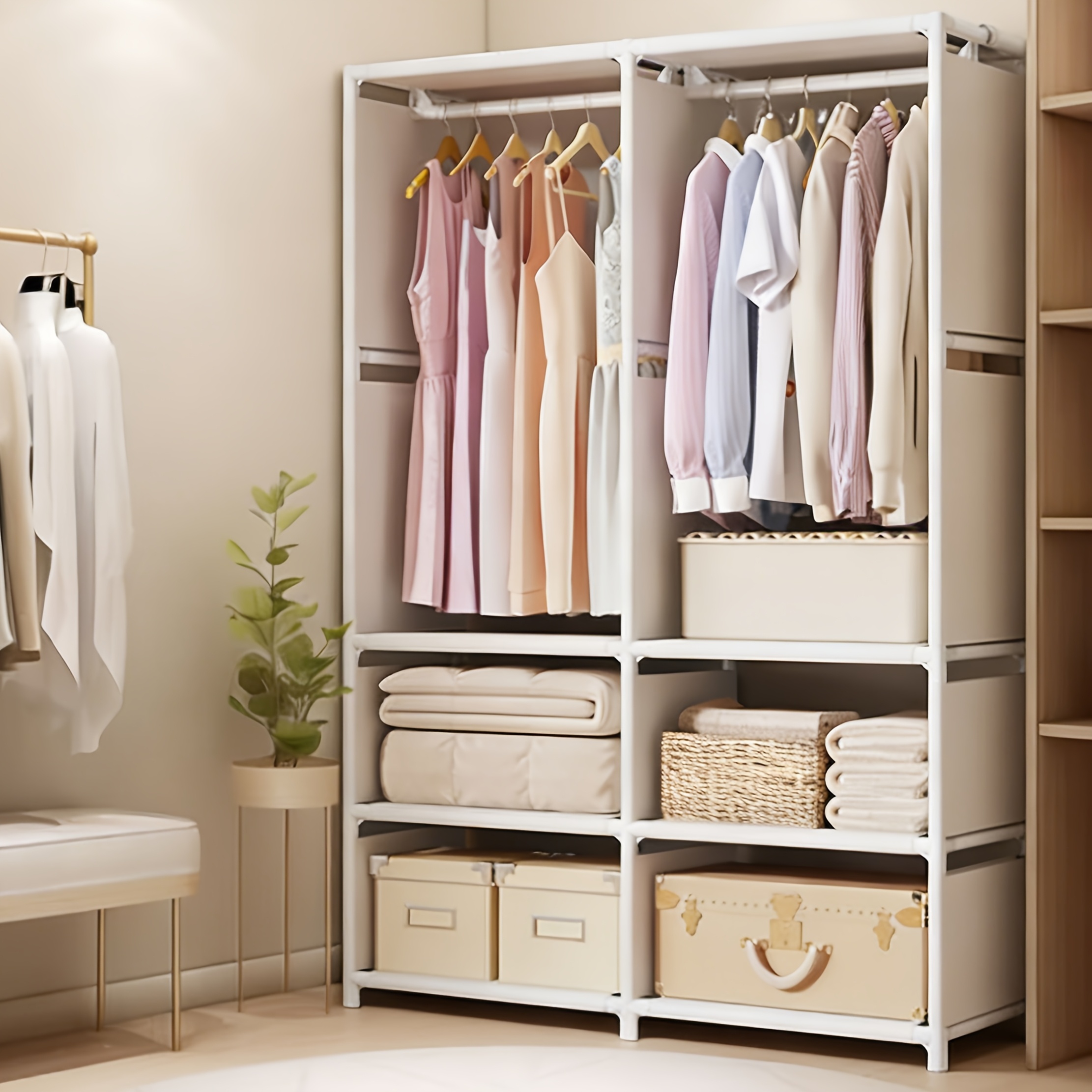 Image of Open Wardrobe With Hanging Area, Portable Fabric Wardrobe, Suitable For Apartments, Dormitories