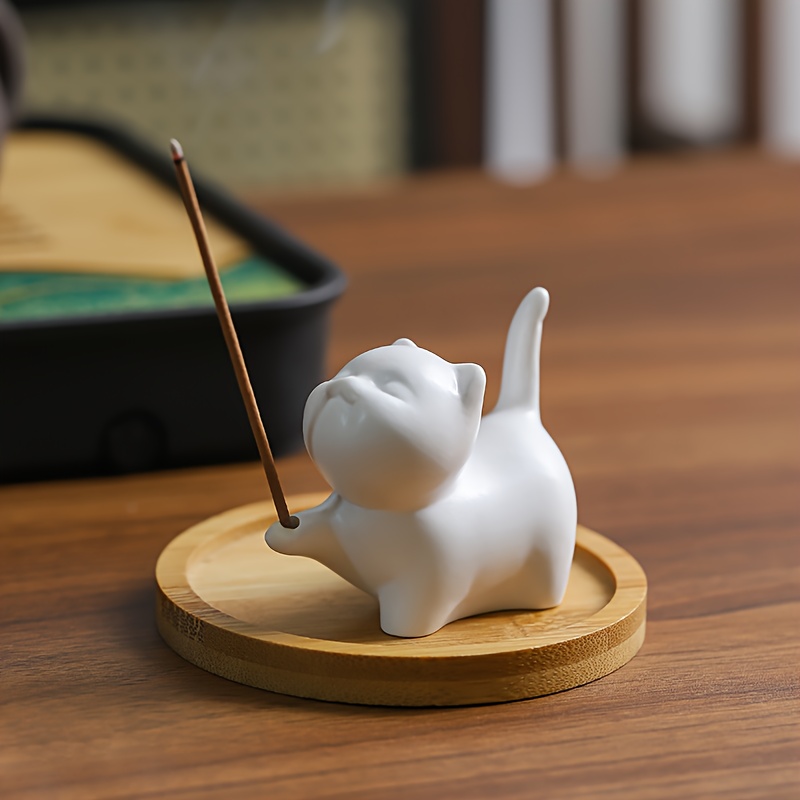 TEMU 1 pièce Porte-encens en Céramique Blanc Chat & Orange avec Support de Chat Assorti - Pot à Encens Décoratif pour Bâtonnets , Fonctionnement