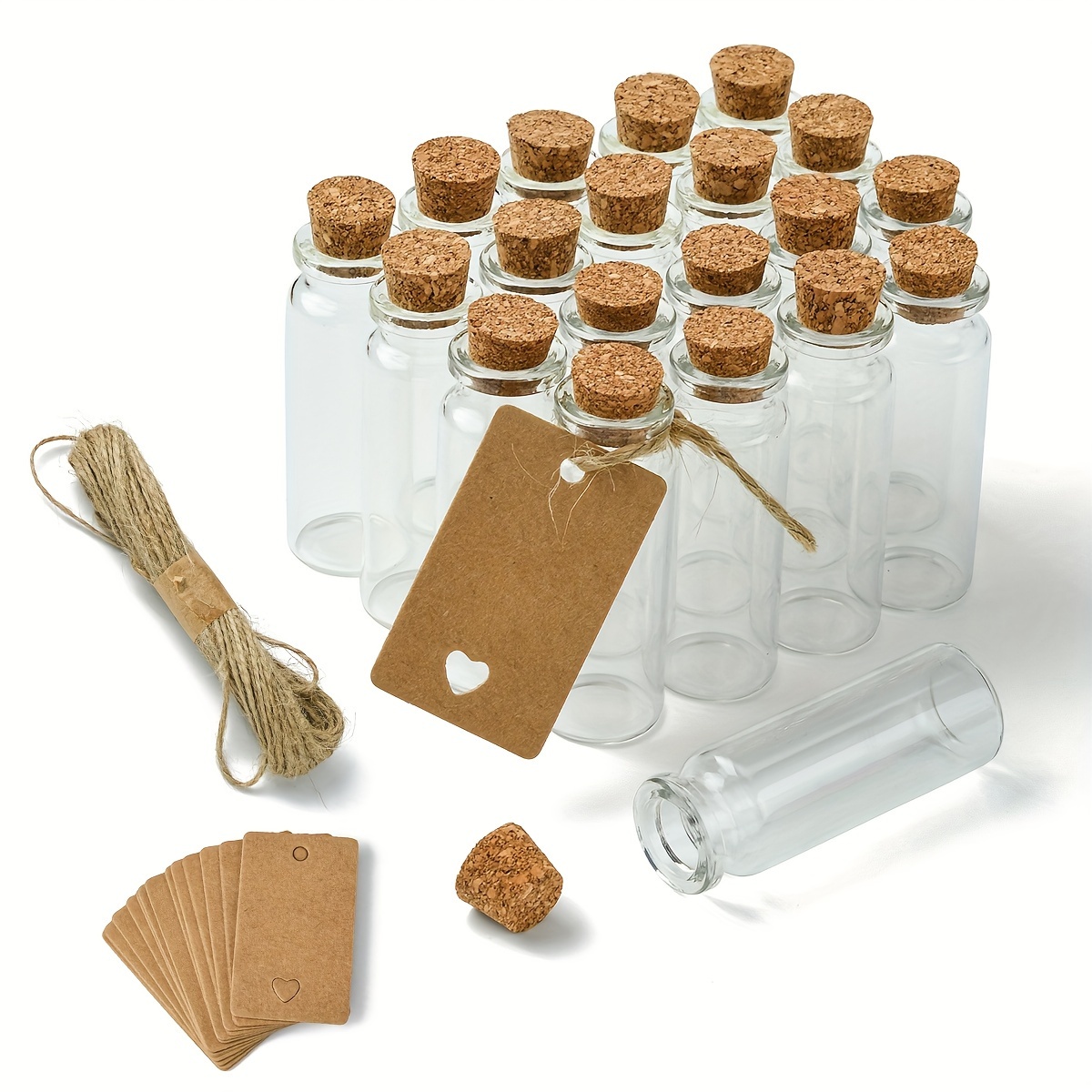 

20pcs/set Mini Glass Bottles With Corks, 20 Brown Paper Labels, And 10m Twine, Small Transparent Storage Vials For Wedding Favors, Party Gifts, Diy Crafts