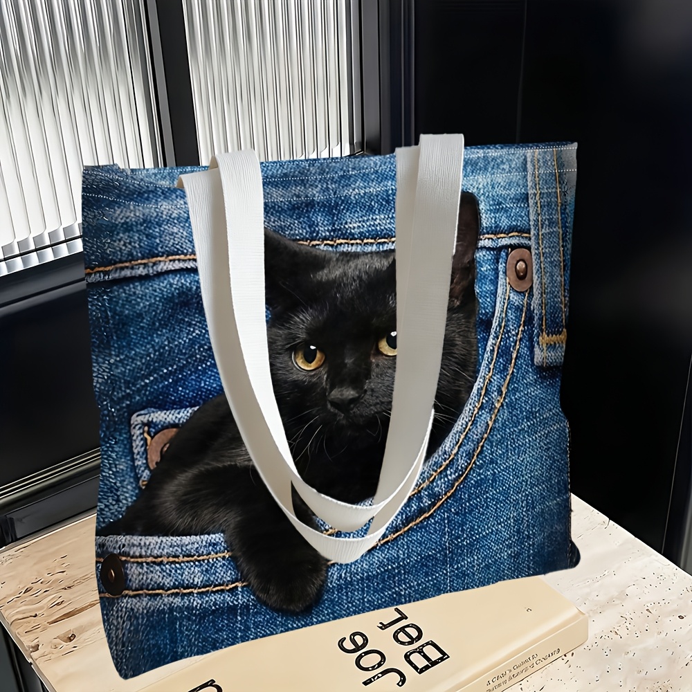 TEMU 1pc Women's Cat Pocket Handbag & Shoulder Bag - Multi-functional Tote/clutch With Pocket Cat, Lightweight Spacious Hemp Bag Suitable For Travel,