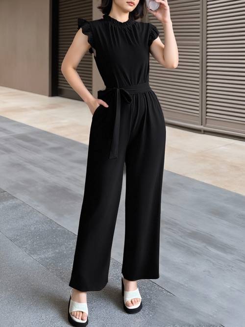 womens elegant work office pleated wide leg pants jumpsuit with pockets romper outfits