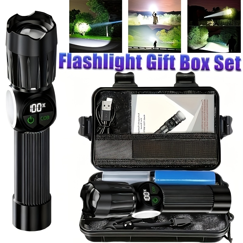 TEMU 1pc Gift Box Flashlight, Led Flashlight, Multifunctional Flashlight With 5 , Cob Side Light, Digital Display, Flashlight With Magnetic Base, For