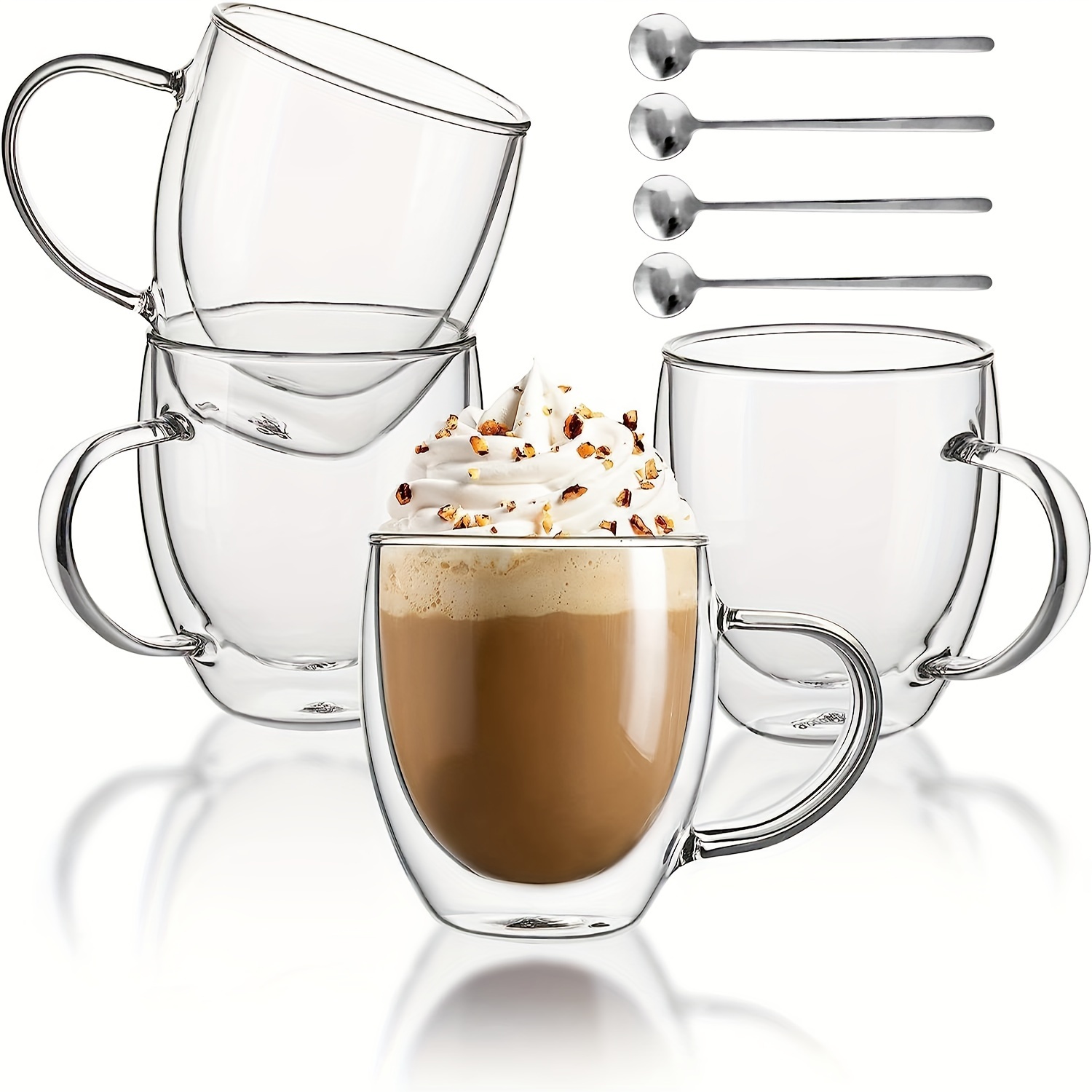 

4pcs, Glass Coffee Mugs With Spoons, 250ml Double-walled Espresso Coffee Cups, Heat Insulated Water Cups, Summer Winter Drinkware, Birthday Gifts
