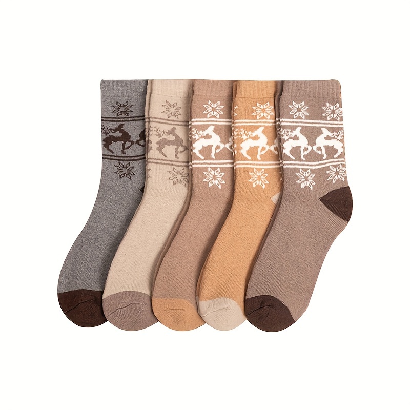 TEMU 5 Pairs Women's Cozy Winter Animal Pattern Thick Plush Mid-calf Slipper Socks, Polyester And Spandex , Knit Fabric, Machine Washable