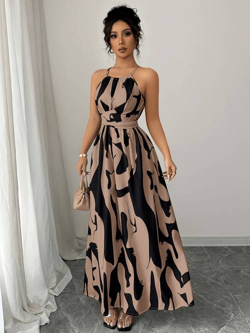 elegant fashion printed long dress womens fashion elegant backless strappy waist twisted asymmetrical contrast dress spring summer style