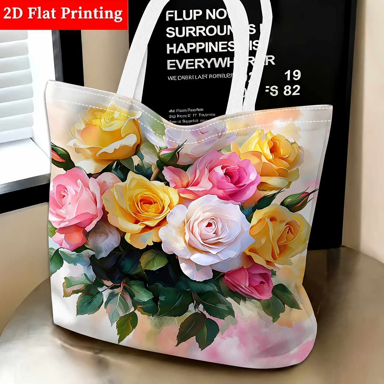 TEMU 1pc Women's Large Capacity Lightweight Foldable Tote Bag With Multicolor Rose Bouquet, Suitable For Daily Use, Parties,, Shopping - Shoulder Bag