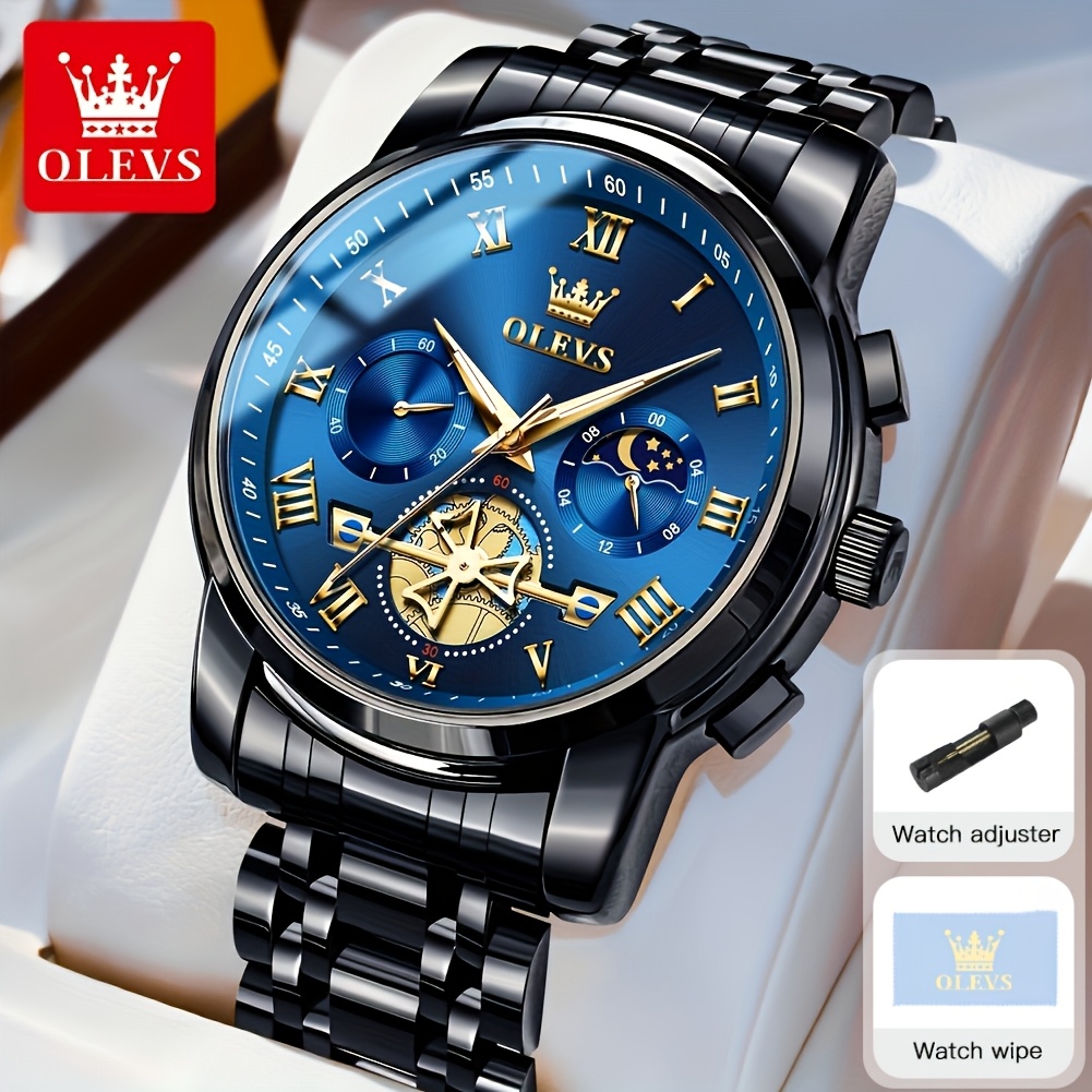 Image of Olevs Men's Watches Stainless Steel Bracelet Quartz Watch Men With Roman Numbers Moon Phase Luminous Classic Elegant Wristwatch Romantic Chrismas Gifts Relojes De Hombre Blue/black/while/golden Dial