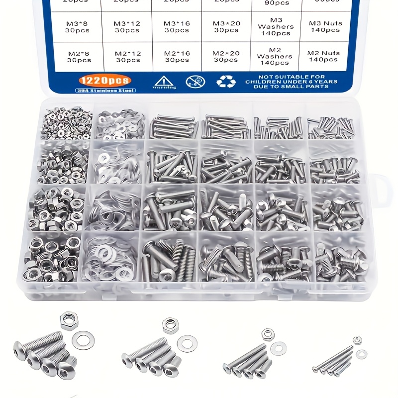 1220pcs M2 M3 M4 M5 304 Stainless Steel Head Cap Bolts Screws Nuts Washers