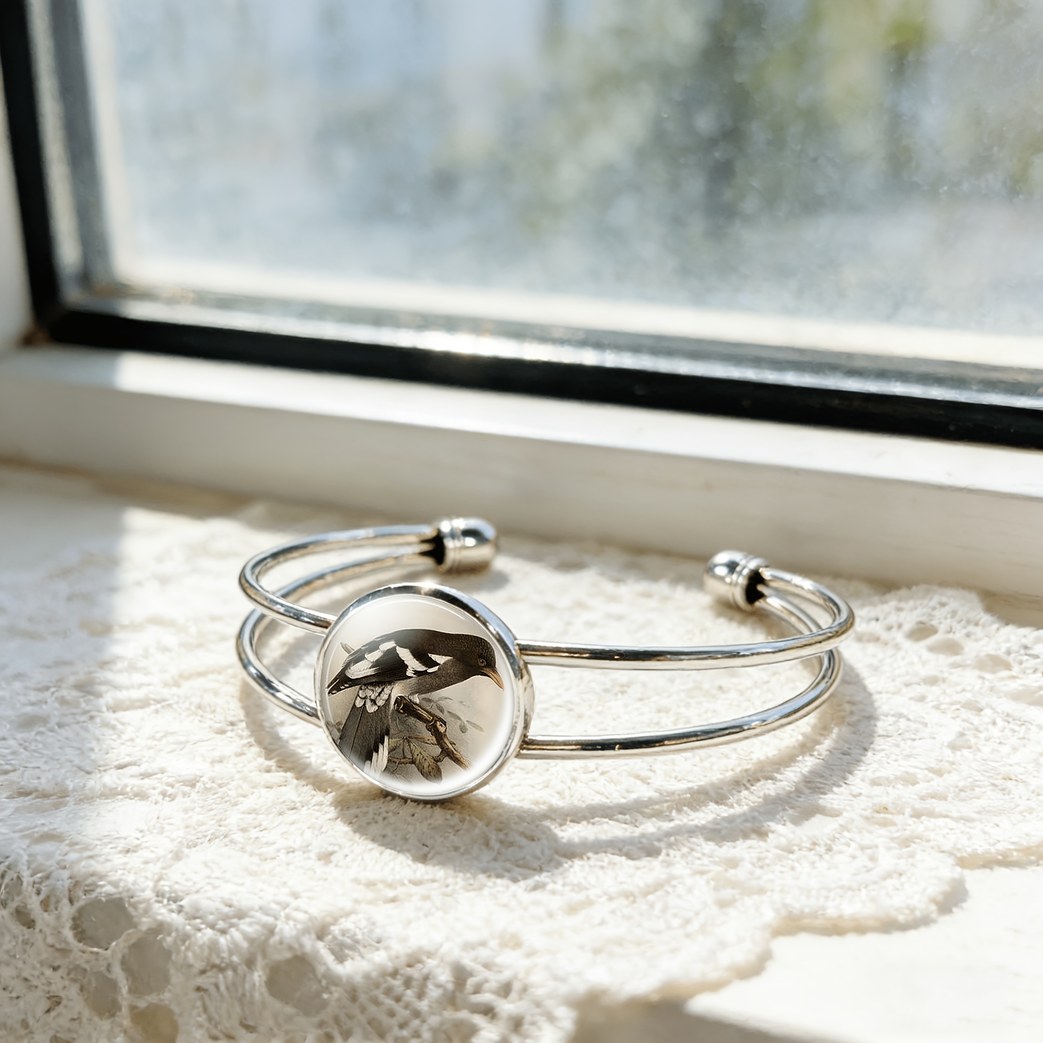 Adjustable Open Bangle with Bird & Branch Pattern, Retro Style