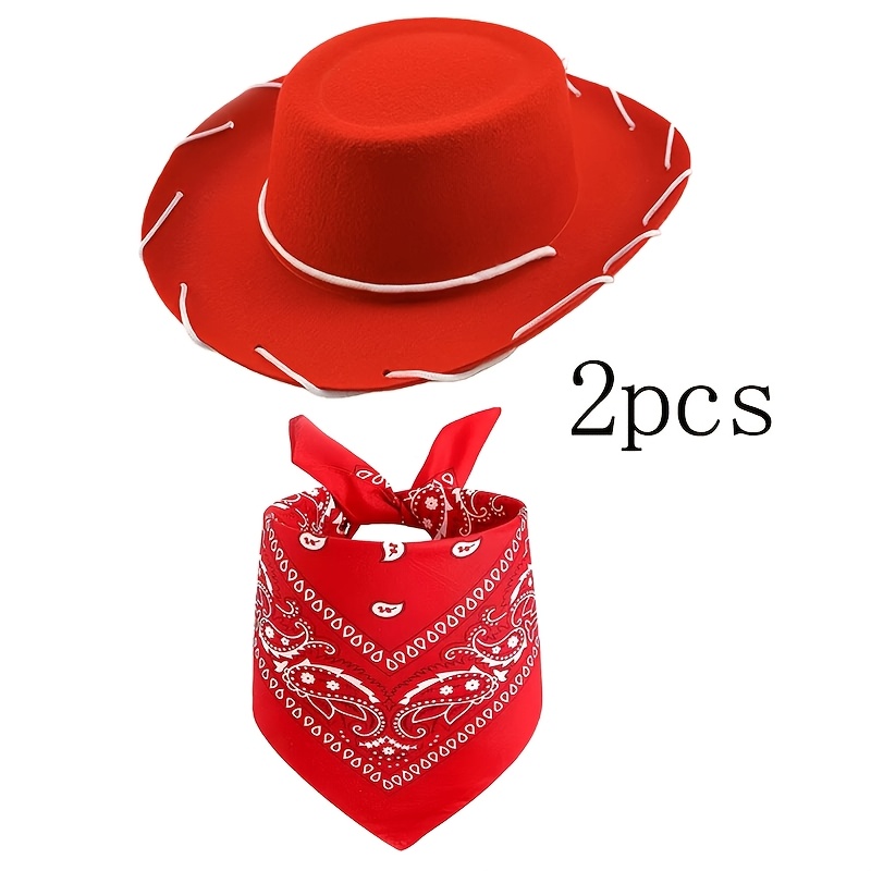 TEMU Ensemble de déguisement cowboy western rétro rouge 2 pièces, comprenant un chapeau et un foulard rouges, chapeau de cowboy de de cosplay , tenue