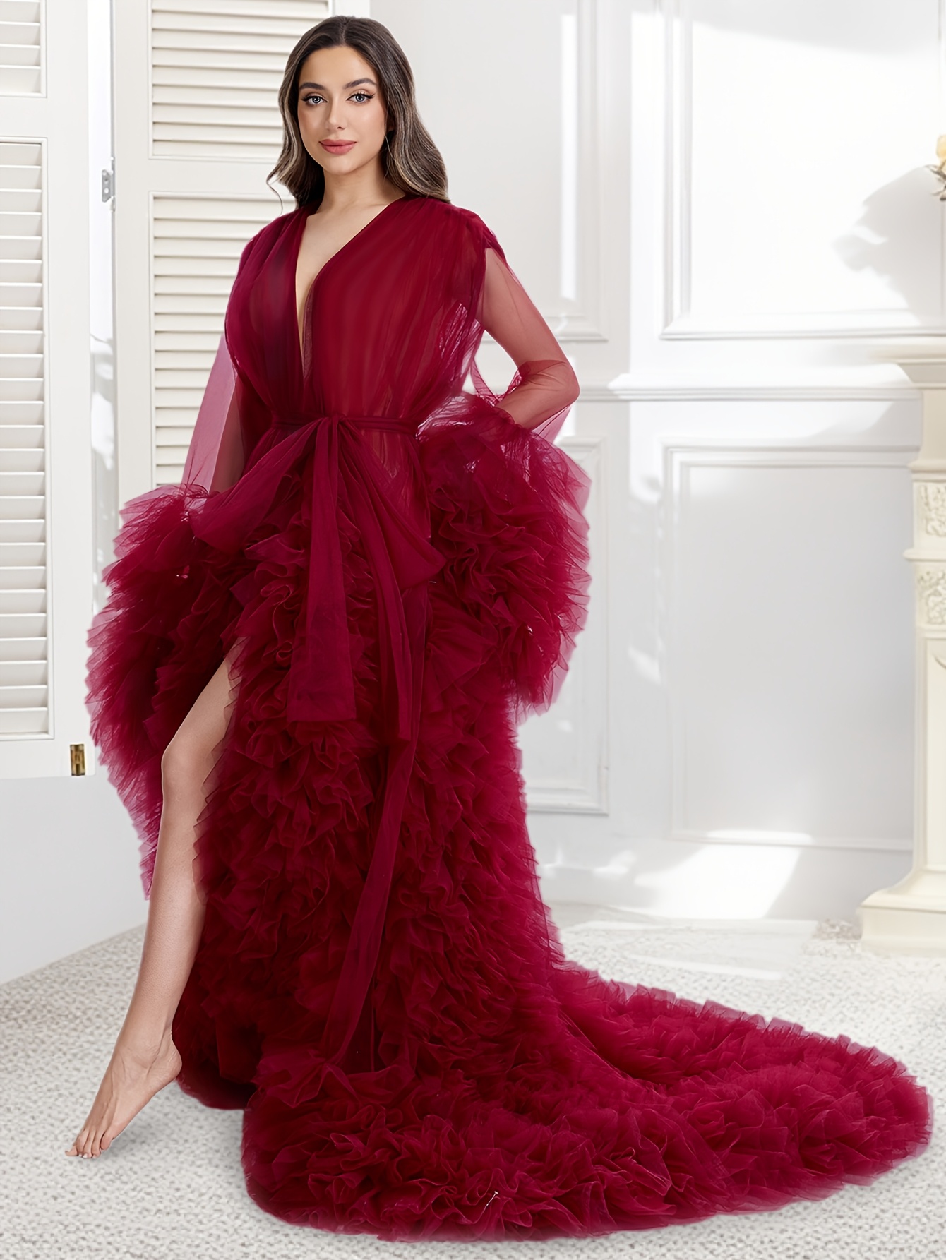 * And * Long Underwear, Sheer Robe, Pajamas, Bathrobe, Pajamas, Elegant  Semi Transparent Robe, Fluffy Long Sleeves, Big Tail