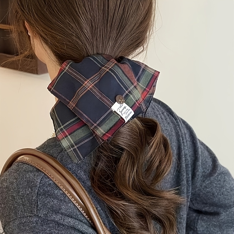 TEMU ローポニーテール用 ヴィンテージ格子柄スカーフ風ヘアタイ 多用途ボタン付きスカーフヘアアクセサリー