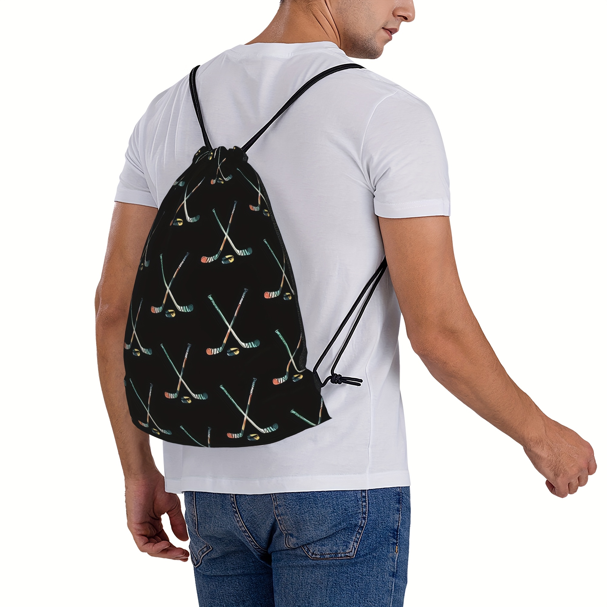 TEMU Front And Back Printed 1 Hockey Drawstring Bag - Lightweight Sports Backpack Featuring A Hockey Stick And Puck . It Has A Durable Soft Shell And