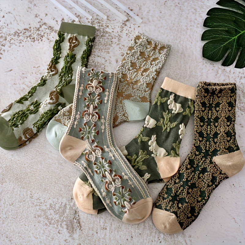 5 Pairs Floral Print Socks, Comfy & Breathable Mid Tube Socks, Women's Stockings & Hosiery