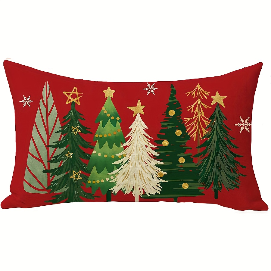 TEMU 1pc, Tree Lumbar Decorative Pillow Cover Measuring 12 X 20 Inches, Rectangular Outdoor Home Decor Featuring Xmas Pine Trees And Snowflakes, Sofa