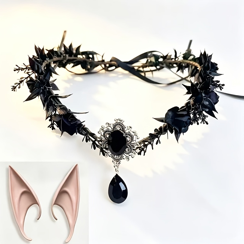 TEMU Corona per capelli con spine e , ornamento per fronte con gemma a e set di orecchie da elfo per feste di Halloween