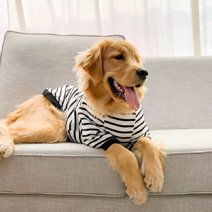 large dog fleece round neck black and white striped casual sweatshirt Product details 3