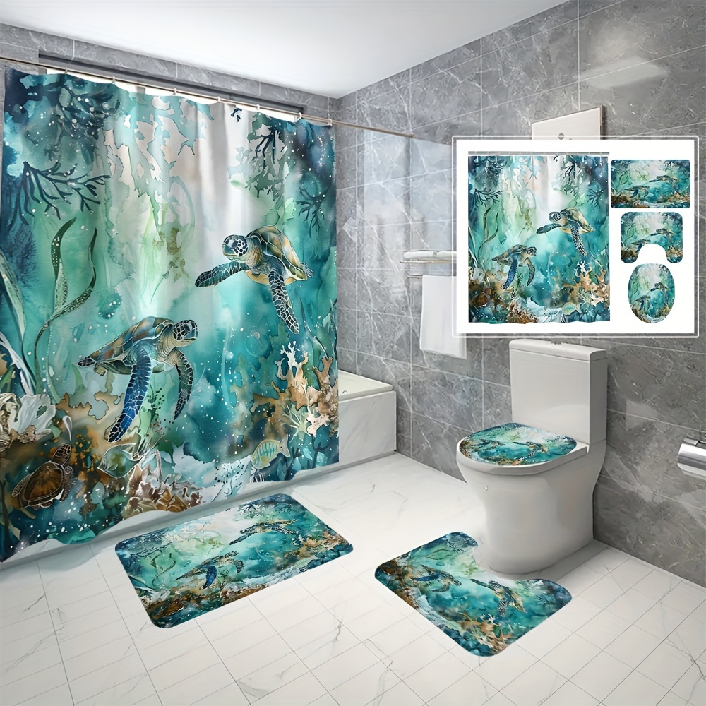 

4pcs Turtle Bathroom Curtain Digital 3d Printing Waterproof Shower Curtain Set Bathroom Curtain Non Punching Shower Curtain